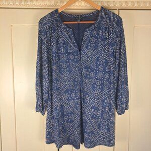 Lucky Brand Blue Denim Tan Paisley Print 3/4 Sleeve V Neck Top Sz 1X